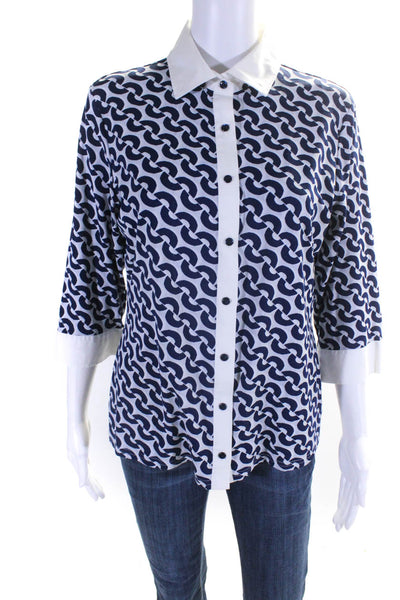 Nara Camicie Women's Abstract Print 3/4 Sleeve Collar Blouse Blue Size L