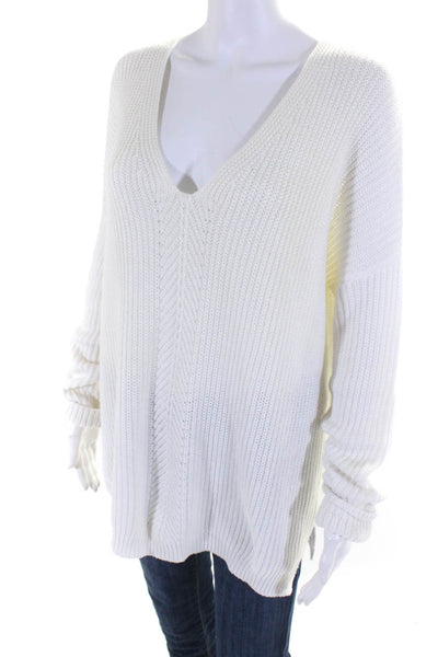 Vince Women's Directional V Neck Cotton Pullover Sweater White Size M