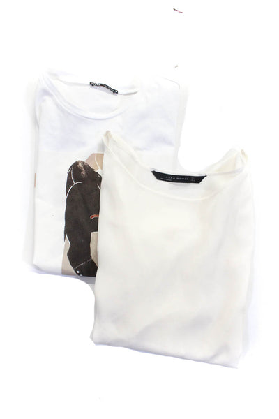 Zara Women's Satin Blouse Printed T-Shirt White Size M L Lot 2