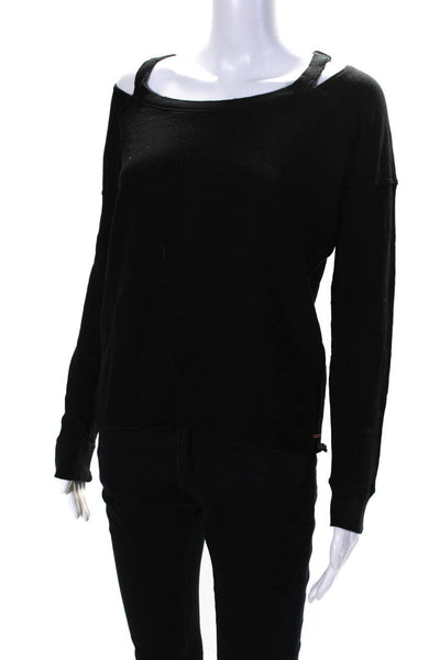 Philanthropy Womens Distressed Crew Neck Side Zip Sweater Black Size Extra Small