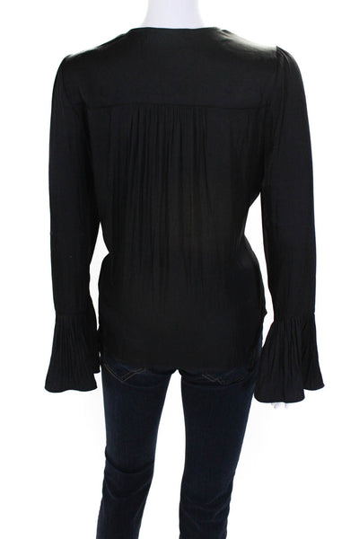 Decker Womens Woven V-Neck Button-Up Flounce Sleeve Blouse Top Black Size S