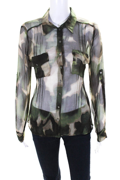 Sinequanone Womens Woven Sheer Camo Print Collared Button-Up Blouse Green Size S