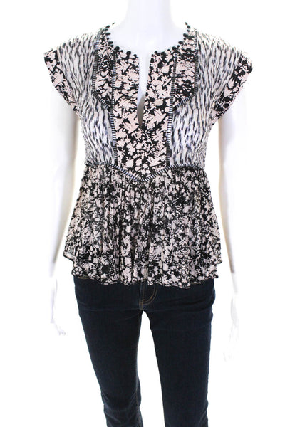 Rebecca Taylor Womens Silk Sleeveless Floral Tunic Blouse Top Pink Black Size 4
