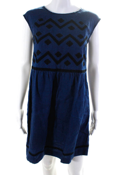 Madewell Womens Linen Embroidered Geometric Print Sleeveless Dress Blue Size XS
