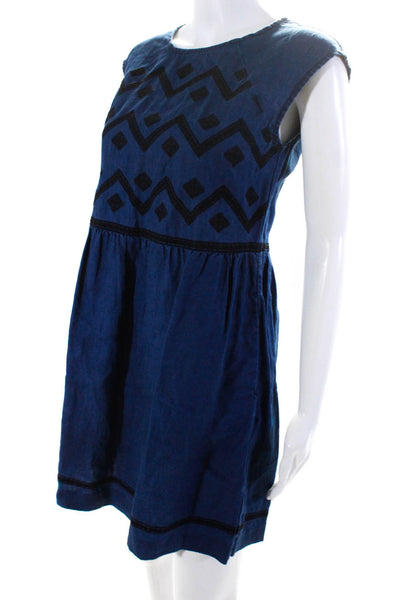 Madewell Womens Linen Embroidered Geometric Print Sleeveless Dress Blue Size XS