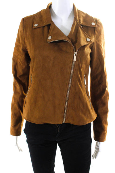 Bagatelle Womens Faux Suede Zippered Collared Motorcycle Jacket Brown Size S