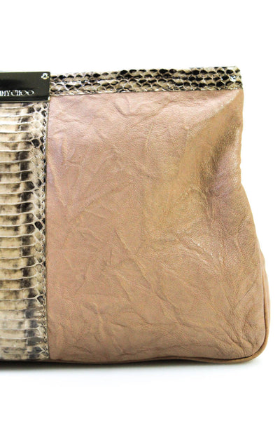 Jimmy Choo Womens Zip Top Snakeskin Trim Pouch Clutch Handbag Brown Leather
