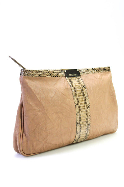 Jimmy Choo Womens Zip Top Snakeskin Trim Pouch Clutch Handbag Brown Leather