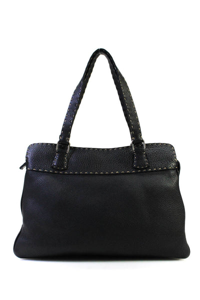 Fendi Womens Double Handle Selleria Zip Top Grain Leather Shoulder Handbag Black