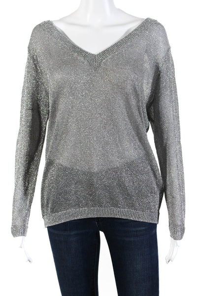 Zara Women's V-Neck Long Sleeves Glitter Silver Pullover Sweater Size  S