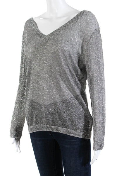 Zara Women's V-Neck Long Sleeves Glitter Silver Pullover Sweater Size  S