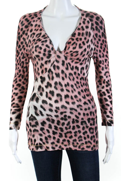 Just Cavalli Womens Long Sleeve Cheetah Print V-Neck Blouse Top Pink Size Small