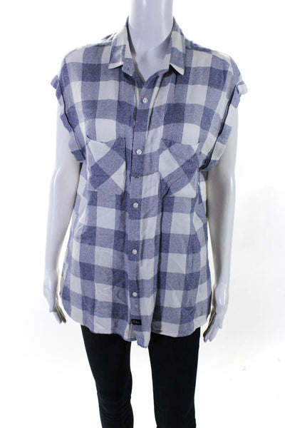 Rails Womens Cap Sleeve Collared Flannel Button-Up Shirt Blouse Top Blue Size L