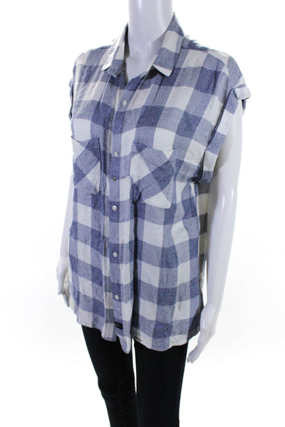 Rails Womens Cap Sleeve Collared Flannel Button-Up Shirt Blouse Top Blue Size L
