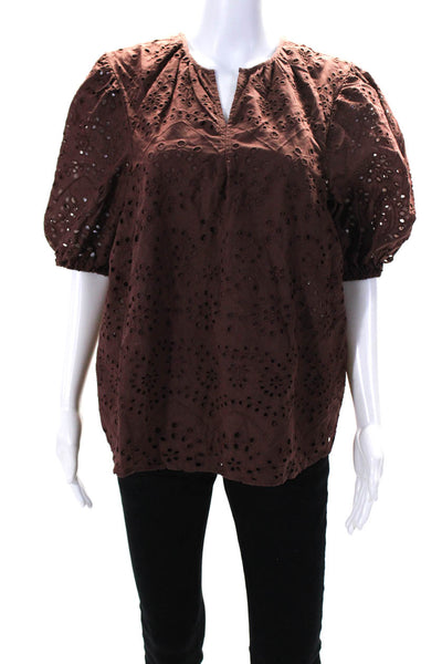 Bishop and Young Women's Cotton Eyelet Lace V-Neck Short Sleeve Blouse Brown Siz