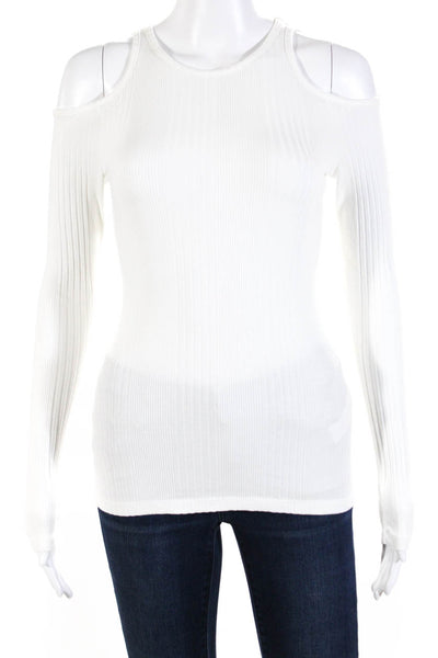 Frame Womens Cotton Knit Ribbed Cold Shoulder Long Sleeve Top Blouse White SizeM