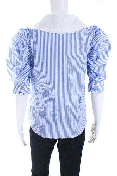 H By Halston Women's Cotton Lace Trim Collared Puff Sleeve Blouse Blue XS