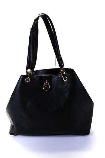 Anne Klein Womens Double Handle Snap Top Grain Leather Shoulder Handbag Black