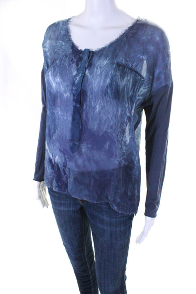 Go Silk Womens Half Buttoned Tie Dye Fringed Hem Long Sleeve Blouse Blue Size XS