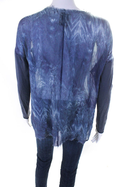 Go Silk Womens Half Buttoned Tie Dye Fringed Hem Long Sleeve Blouse Blue Size XS