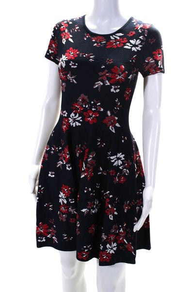 Ali + Derek Womens Knit Floral Fit & Flare Short Sleeve Dress Blue Red Medium