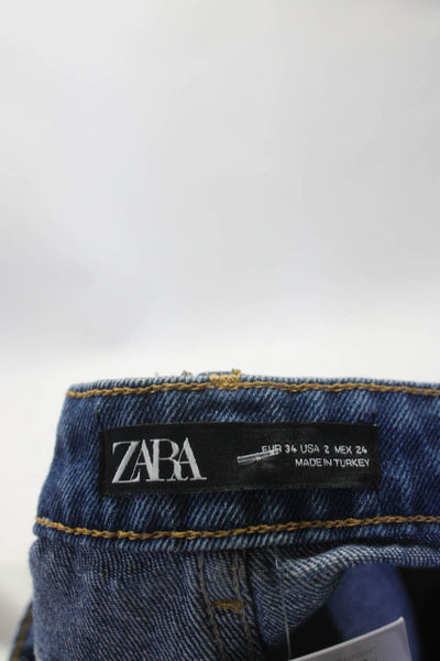 Zara Womens Cotton High Rise Wide Leg Tapered Zip Up Jeans Pants Blue Size 2
