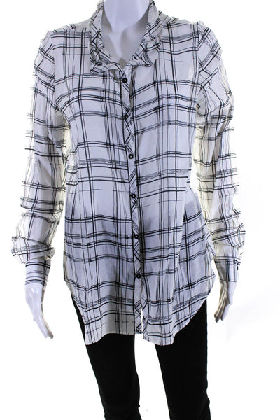 Lola & Sophie Womens Button Front Collared Plaid Shirts White Black Size Small
