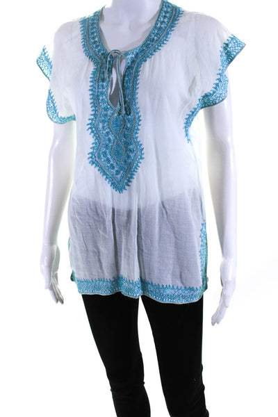 Calypso Christiane Celle Womens SHort Sleeve Stitched Trim Shirt Blue Size Small