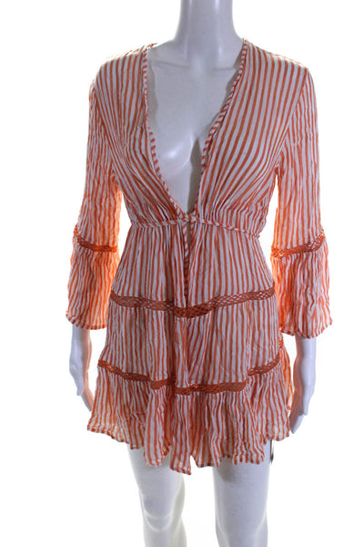 Blue Island Womens Striped V Neck A Line Wrap Dress White Orange Size Small