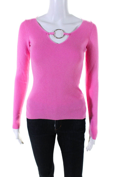 Minnie Rose Womens Ribbed Circle Hardware V-Neck Pullover Sweater Pink Size S