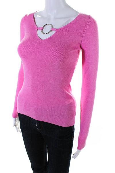 Minnie Rose Womens Ribbed Circle Hardware V-Neck Pullover Sweater Pink Size S