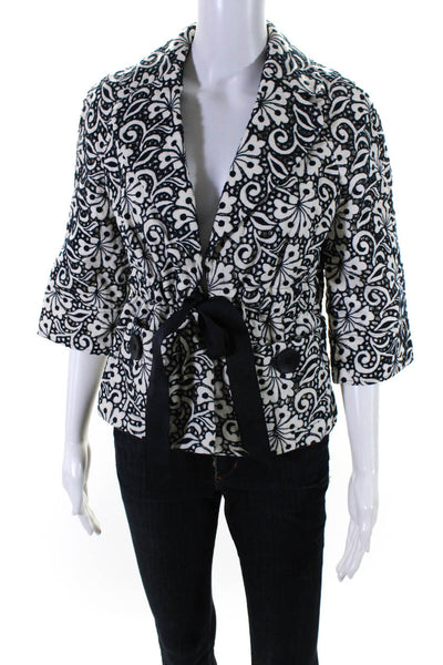 Classiques Entier Womens Linen Floral Ribbon Tie Blazer Jacket Black Size S