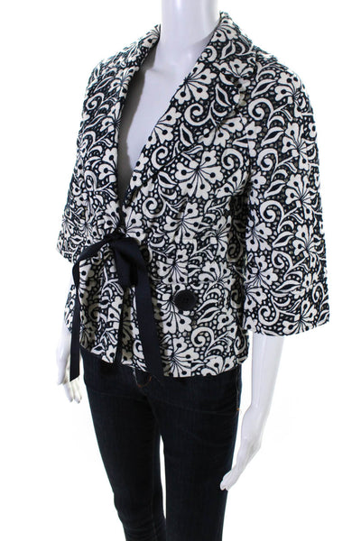 Classiques Entier Womens Linen Floral Ribbon Tie Blazer Jacket Black Size S