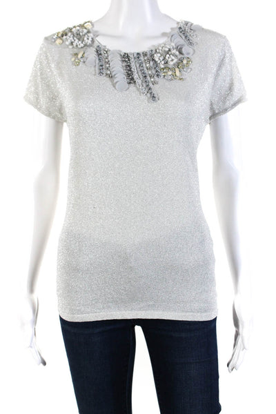 Cristina Womens Metallic Short Sleeve Round Neck Blouse Shirt Silver Size L/XL