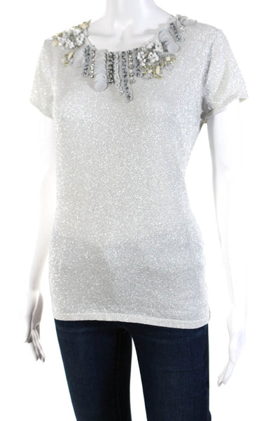 Cristina Womens Metallic Short Sleeve Round Neck Blouse Shirt Silver Size L/XL