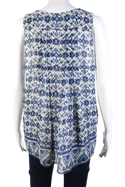 Joie Womens Silk Sleeveless Geometric V-Neck Blouse Top Blue & White Size Medium