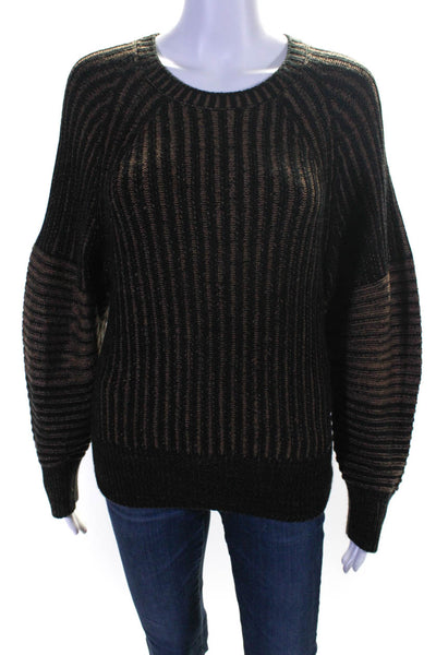 DKNY Women's Long Sleeve Striped Crewneck Sweater Brown Size M