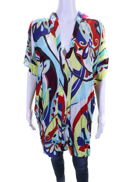 Josie Natori Womens Abstract Print V-Neck Tunic Top Blouse Multicolor Size S