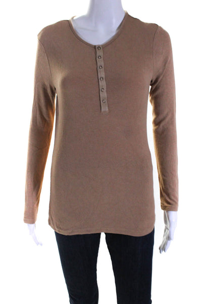 BLANK Womens Rayon Knit Long Sleeve Crew Neck Henley Shirt Top Light Brown SizeM