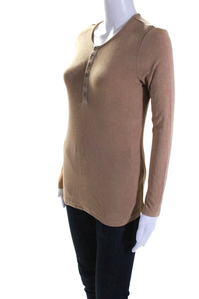 BLANK Womens Rayon Knit Long Sleeve Crew Neck Henley Shirt Top Light Brown SizeM