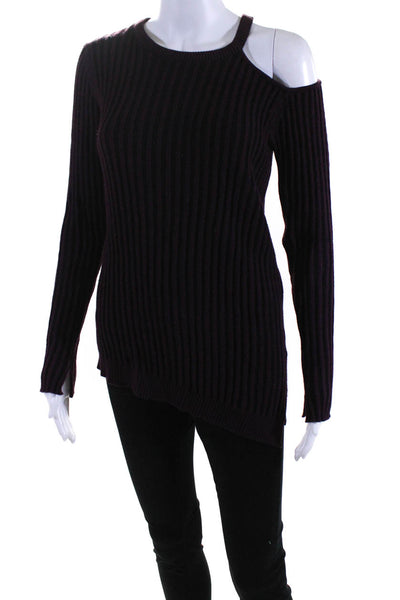 Feel The Piece Womens Cold Shoulder Ribbed Sweater Purple Black Size M/L