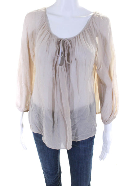 Joie Womens 100% Silk Sheer V Neck Long Sleeved Relaxed Fit Blouse Beige Size M
