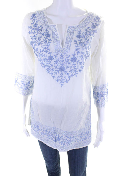 Gretchen Scott Designs Womens Floral Embroidered Tunic Blouse White Blue Size S