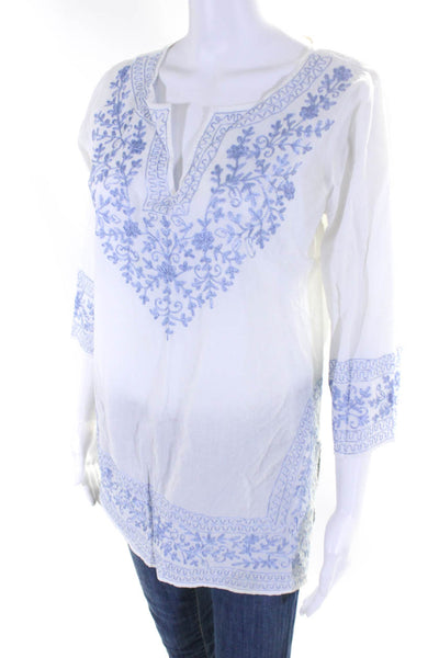 Gretchen Scott Designs Womens Floral Embroidered Tunic Blouse White Blue Size S