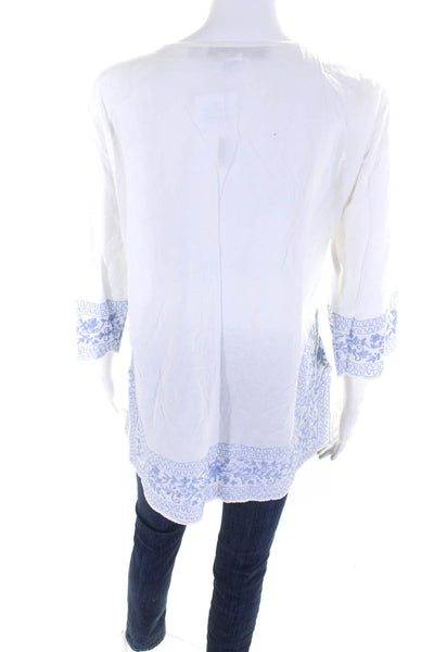 Gretchen Scott Designs Womens Floral Embroidered Tunic Blouse White Blue Size S