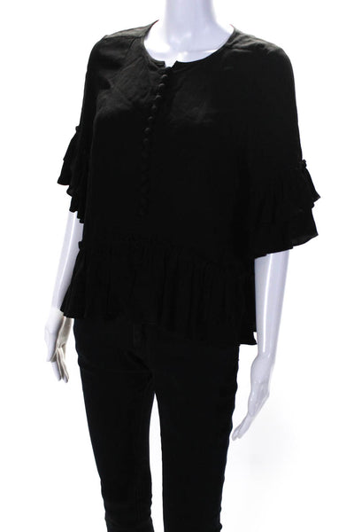 Apiece Apart Womens Short Sleeve Crepe Ruffle Button Up Top Blouse Black Small