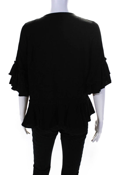 Apiece Apart Womens Short Sleeve Crepe Ruffle Button Up Top Blouse Black Small