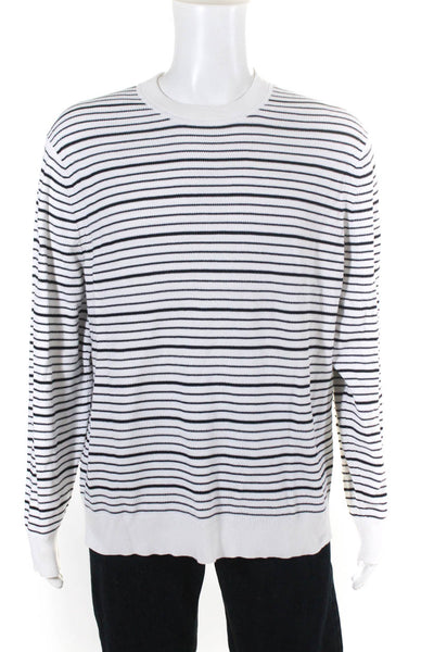 Theory Mens Crew Neck Striped Pullover Sweater White Black Cotton Size XL