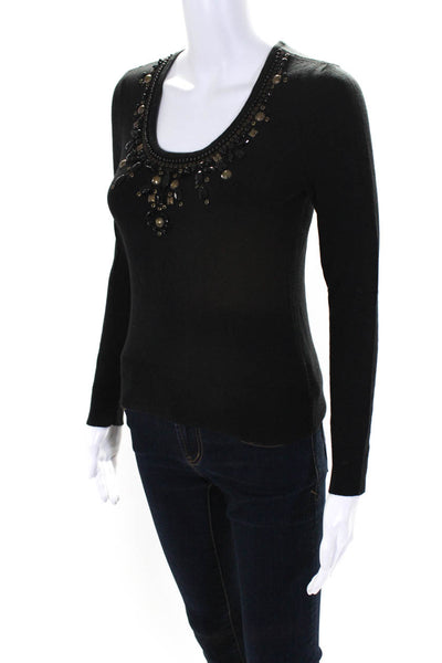 Michael Michael Kors Womens Cotton Embroidered Gem Stoned Sweater Black Size P