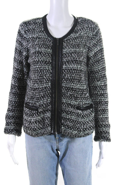 Joie Womens Crochet Knit Leather Trim Long Sleeve Full Zip Sweater Gray Size M